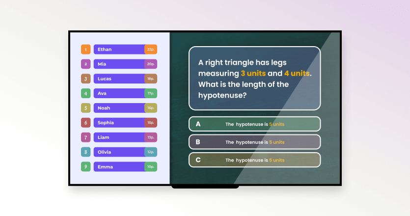 A touch screen showcasing a question and the potential answers