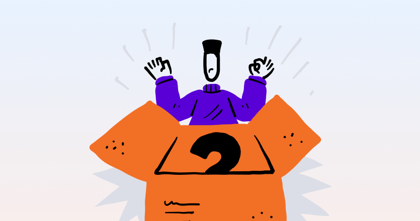 Illustration of a surprised figure emerging from an open orange box with a question mark.