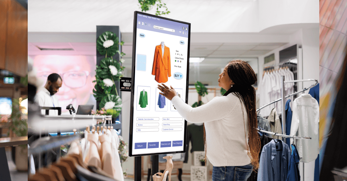 a woman using a touchscreen in a retail store to buy products