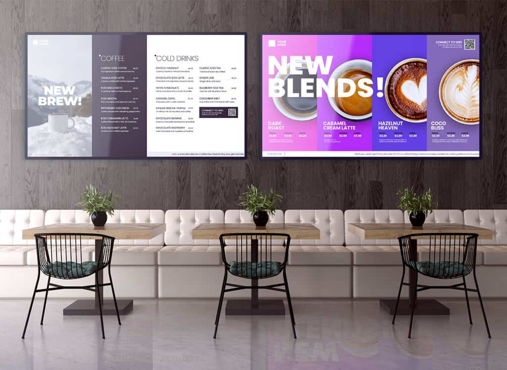 Screens at a coffe shop showcasing menu and promotion of new blends