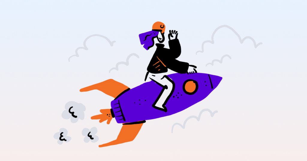 Illustration of a person riding a purple rocket.