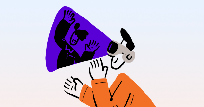 An illustration of a person wearing virtual reality glasses, projecting a purple spotlight with another  person in it