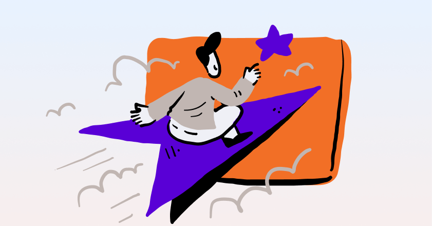 An illustration of a person riding a paper plane, chasing a star