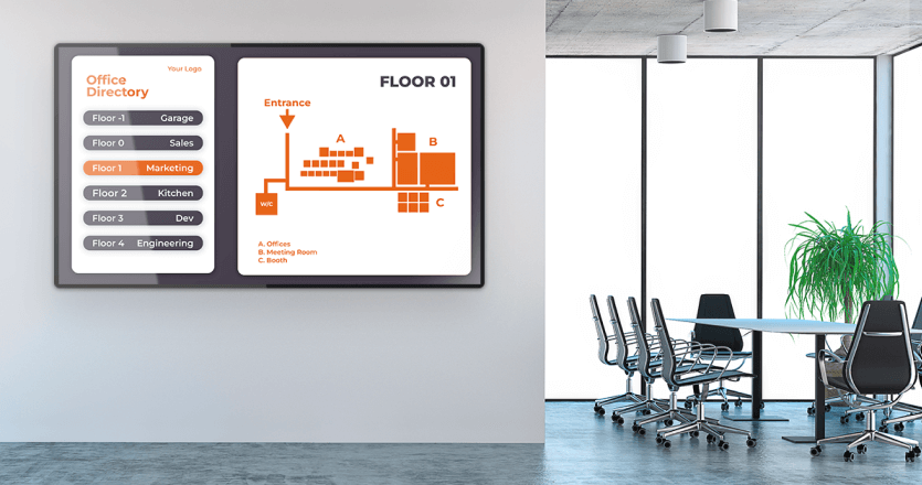 a screen at an office showing the map of the building