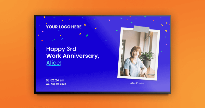 Screen displaying celebration message for employee