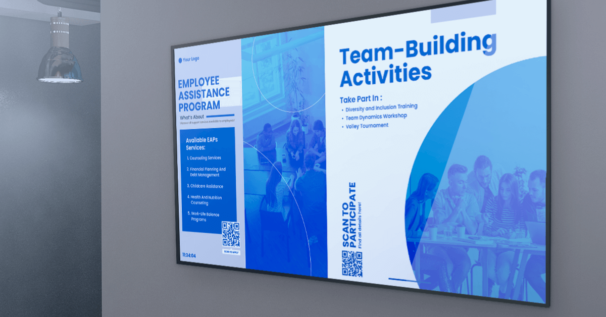 Digital signage screen showing employee assistance program details and team-building activities with a QR code.