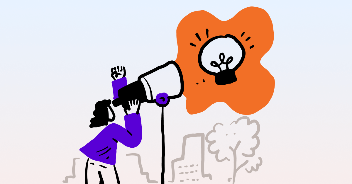 A person with a megaphone and a glowing lightbulb