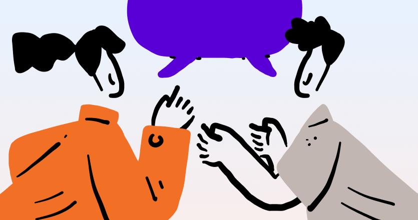 Illustration of two people having a discussion with a purple speech bubble above them.