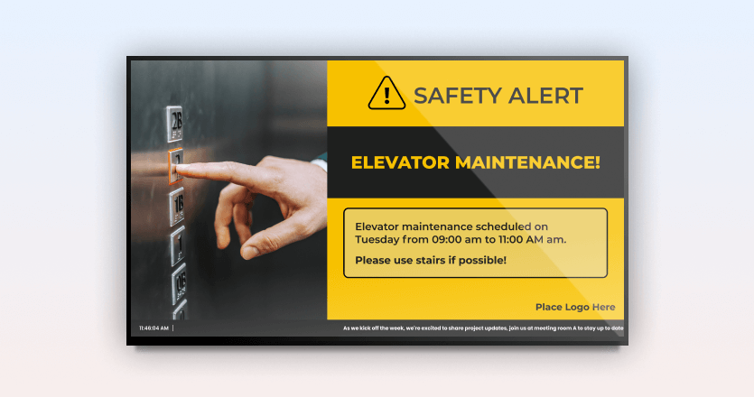 A digital safety alert about elevator maintenance, advising people to use the stairs